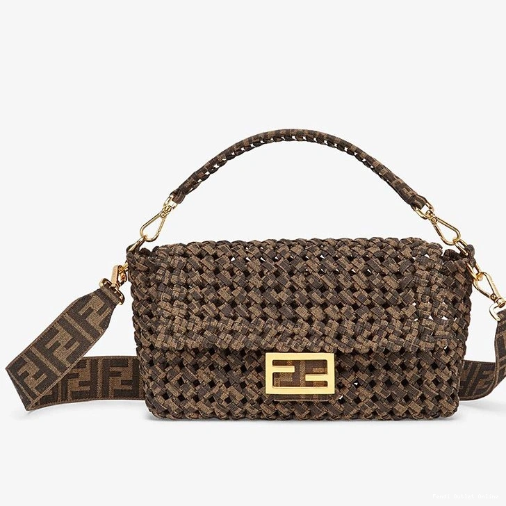 Cheap In Medium Fendi Fabric Bag Interlace Coffee Baguette 0728